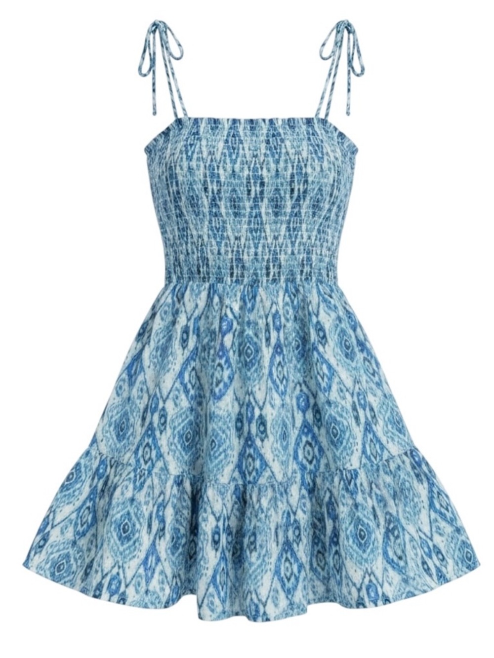 Playa Lucila Blue Ikat Smocked Mini Cotton Sundress Size Small
